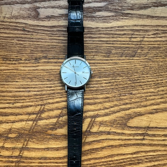 bulova men's dress leather watch 96b104 Bulova Classic Stainless Steel Silver Dial Leather Mens Quartz Watch 96B104